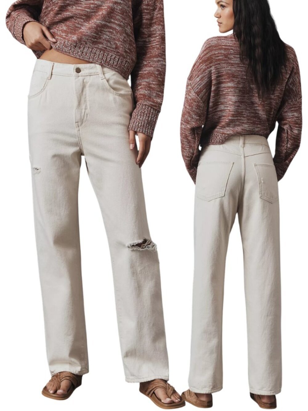 Pilcro Mila Mid-Rise Straight Leg Denim Jeans Women's 30 Ivory Distressed Rigid